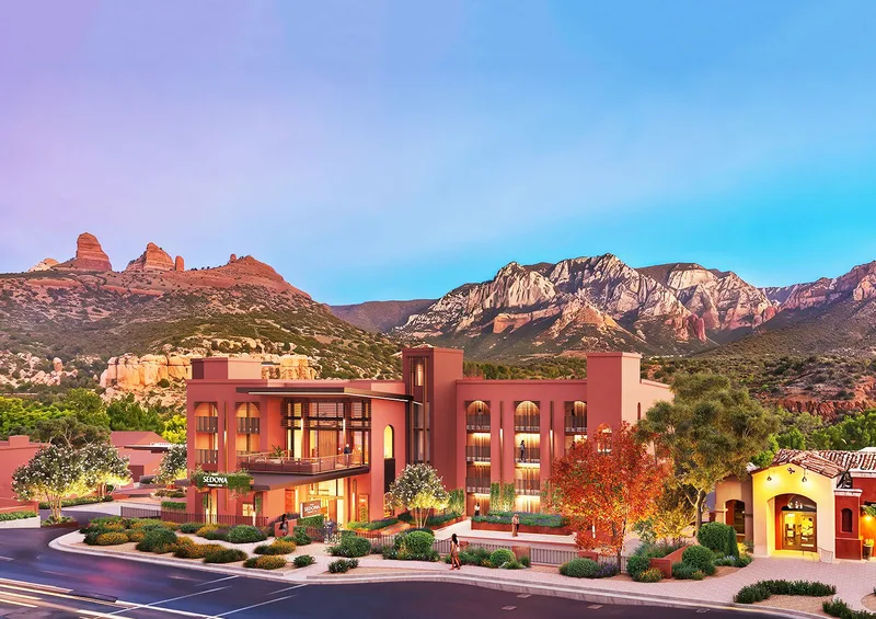 Twilight rendering of the resort arrival on State Route 89A