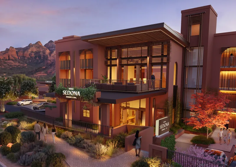Twilight rendering of the resort arrival and entry pavilion on State Route 89A
