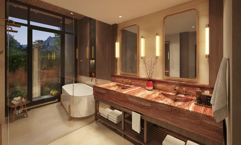 Rendering of a casita bathroom with freestanding tub and a glass wall to its private shower garden