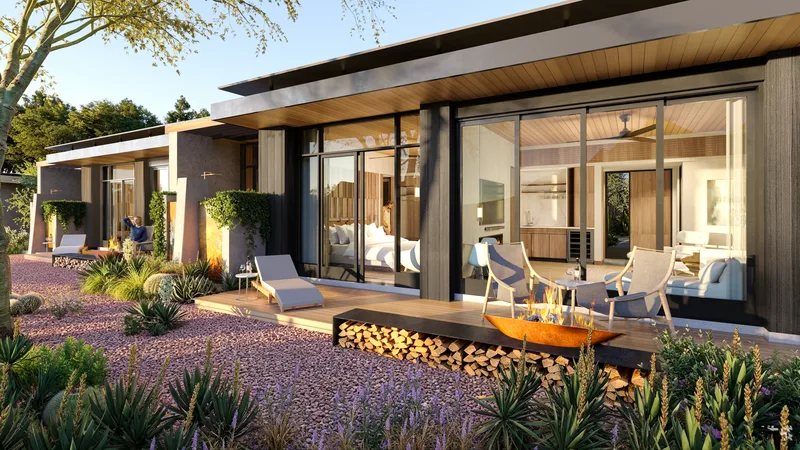 Rendering of a casita's private deck with fire bowl and loungers