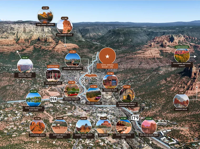 Miniature of the interactive destination map: aerial of Uptown Sedona with photo markers for the resort and nearby attractions