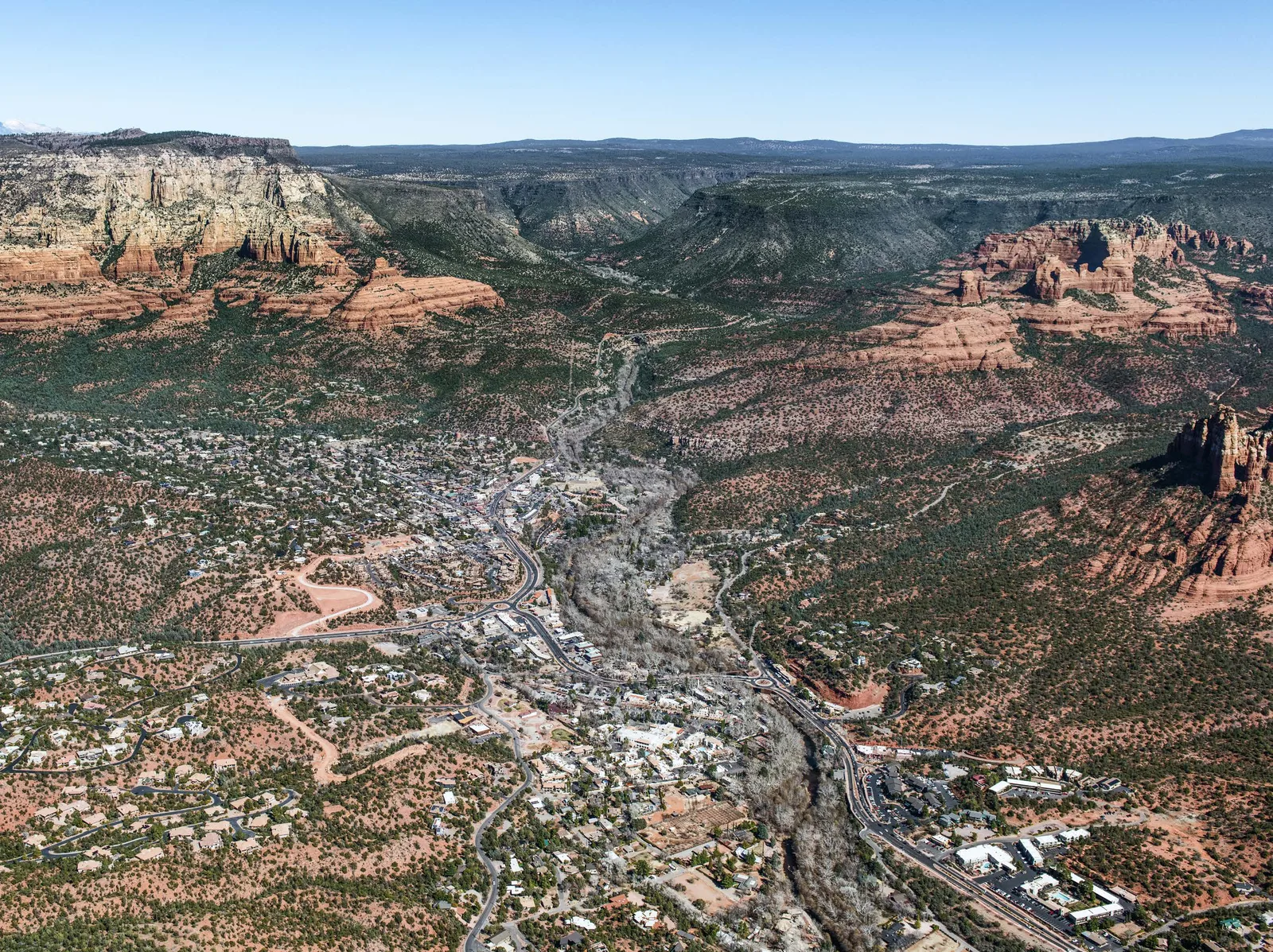 Aerial view of Uptown Sedona and the surrounding red rock landscape