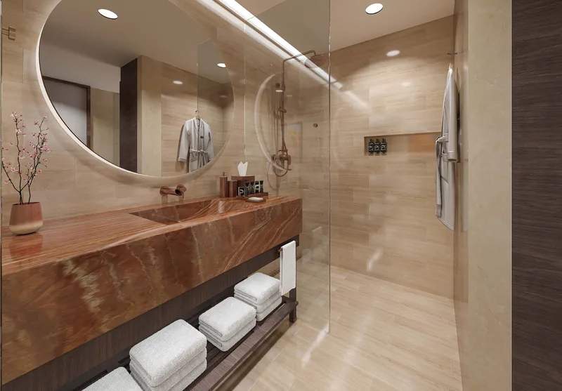 Rendering of a tower guestroom bathroom with stone vanity and walk-in shower