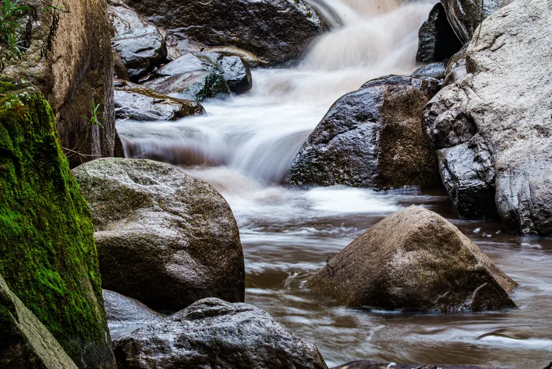 Oak Creek cascading over mossy boulders near the resort