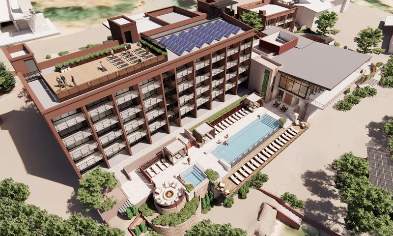 Aerial rendering of the five-story guest tower with its rooftop amenity deck