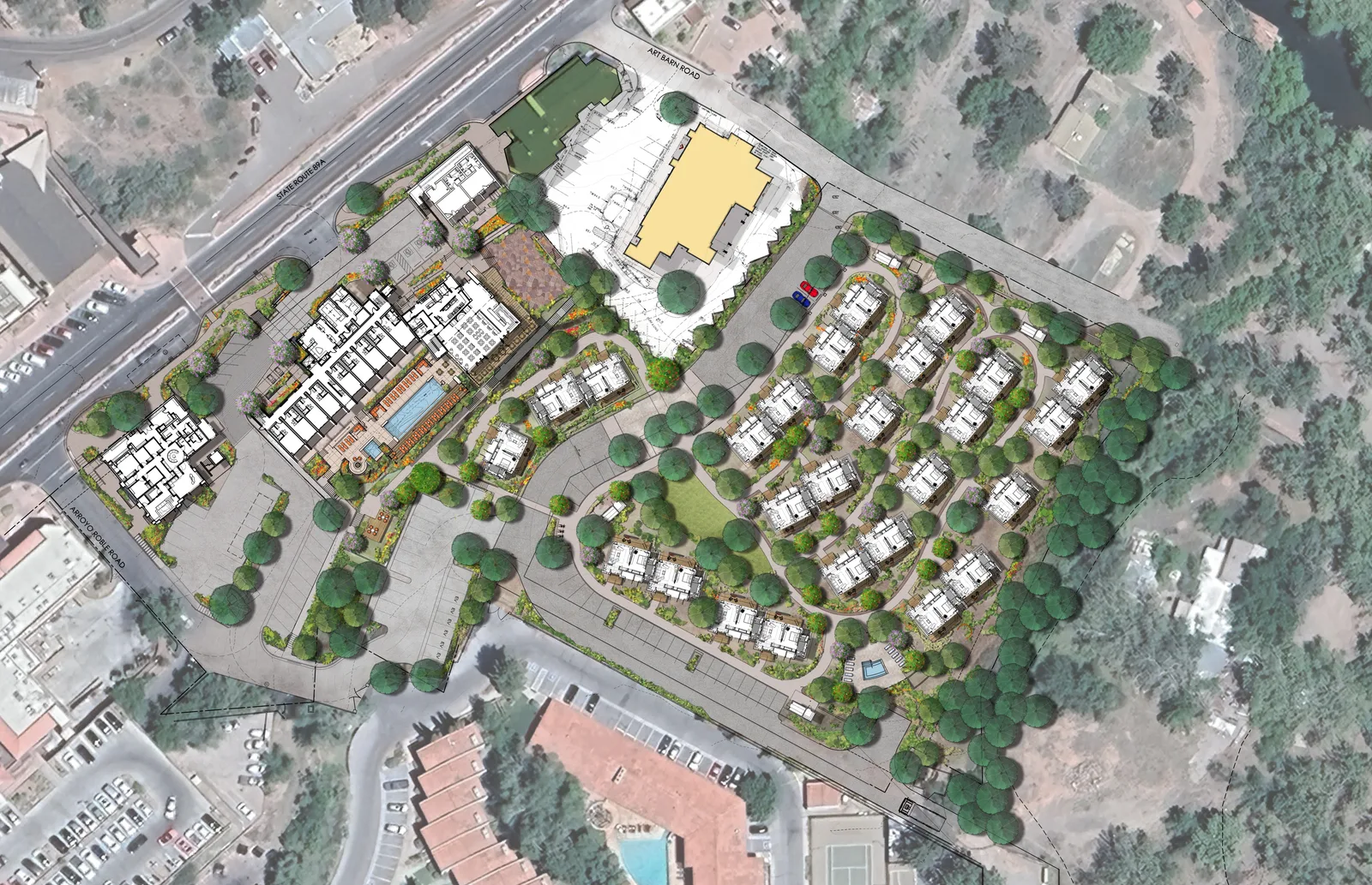 Illustrative site plan of the redeveloped resort over an aerial photo: guest tower and pool courtyard along State Route 89A, casitas clustered among trees to the east, landscaped grounds off Art Barn Road